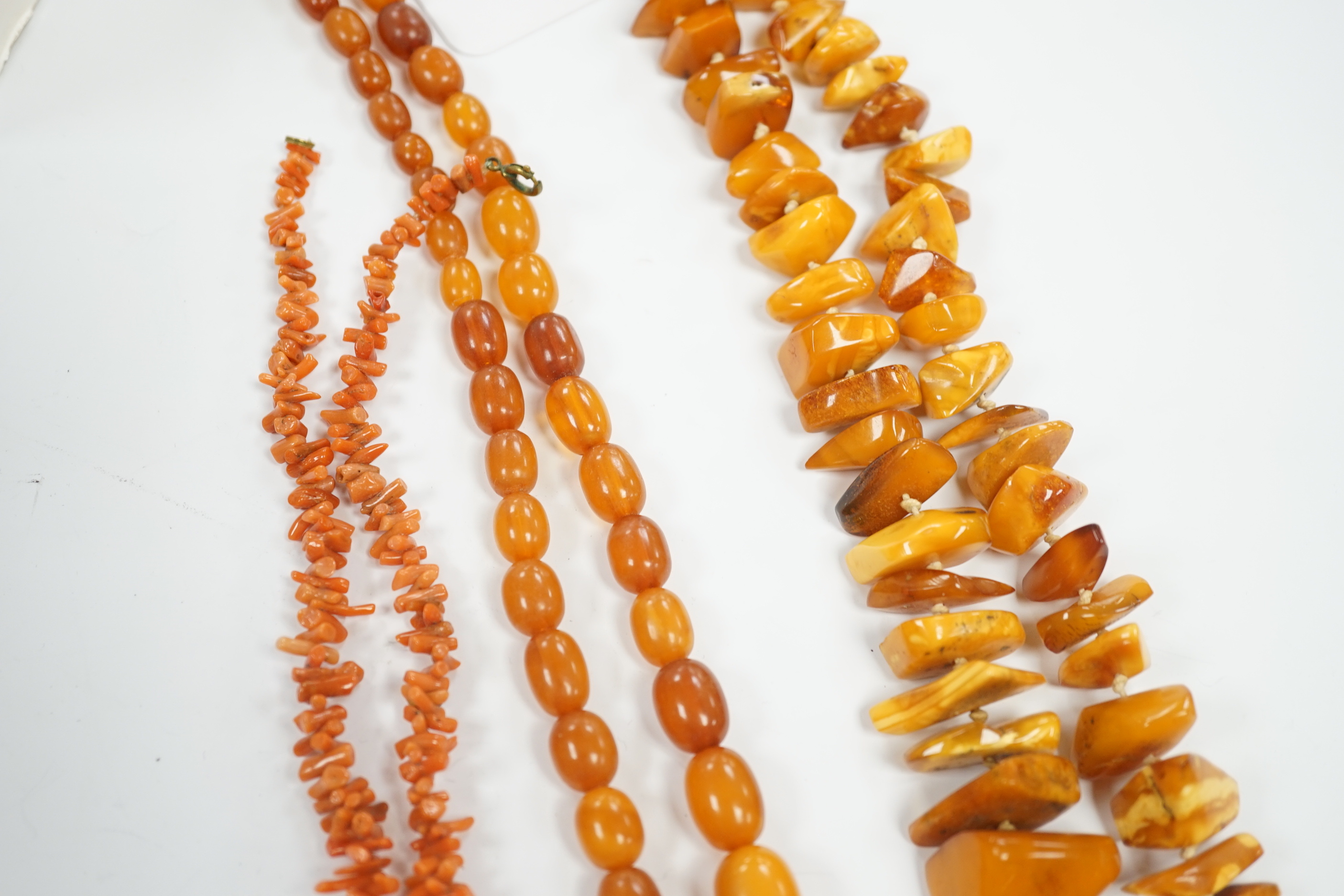 A single strand graduated amber bead necklace, 56cm, gross weight 34 grams, one other amber necklace and a coral necklace.